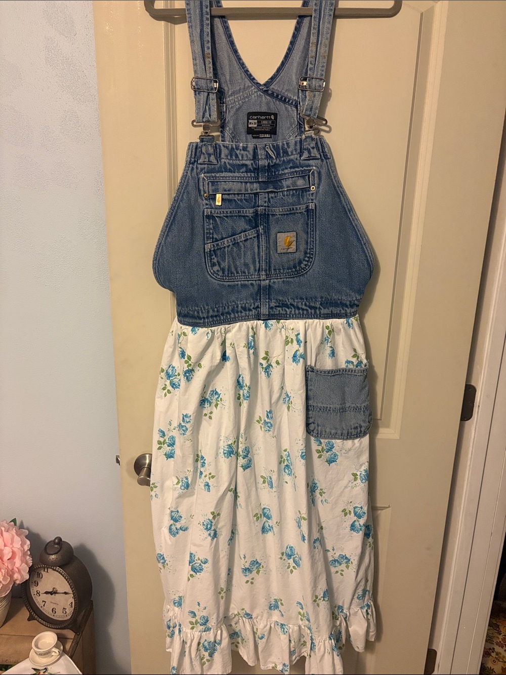 Carhartt Blue Denim Bib Overall Dress with White Floral Skirt